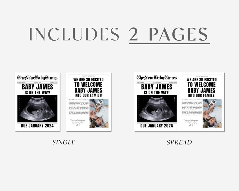 New Baby Announcement Newspaper Baby On the Way Pregnancy Reveal Large Custom Newspaper Template for Baby Shower, CANVA DIY Download image 4