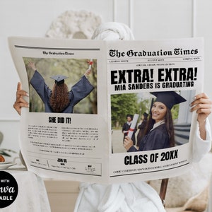 Custom Newspaper Grad Announcement Template, Editable Graduation Newspaper Announcement, Printable Graduation Invite, Instant Download Canva