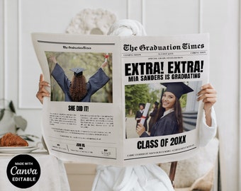 Custom Newspaper Grad Announcement Template, Editable Graduation Newspaper Announcement, Printable Graduation Invite, Instant Download Canva