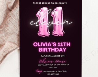 11th Glow-in-the-Dark Birthday Invitation, Customizable Electric Pink Notice Template, Luminous Pink 11th Birthday Celebration Invite HP011A
