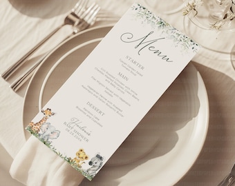 Safari Themed Menu, Custom Jungle Animals Baby Shower Food List Template, Printable Jungle Theme Party Menu Card CANVA DIY Download, BS003A