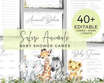 Safari Baby Shower Games Bundle Jungle, Modern Baby Shower Games PRINTABLE Templates Canva, Custom 40+ Games DIY Download