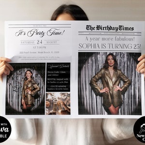 Birthday Newspaper Template, Birthday Decorations Newspaper Poster, Large Newspaper Personalized Birthday Gift Templates Downloadable, CANVA