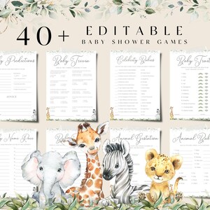 Boho Safari Baby Shower Games, Greenery Jungle Animals Games Bundle, Free Answer Keys & Tickets Printable 40+ Pages Canva Download, BS003A