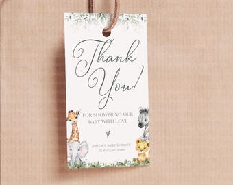 Safari Animal Thank You Tag, Editable Jungle Themed Baby Shower Favors Template Printable Hang Tags, CANVA, Instant Digital Download, BS003A