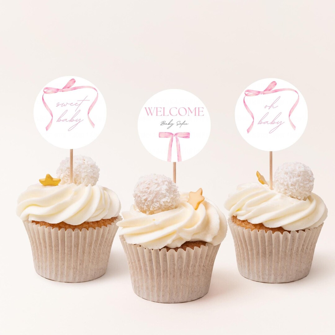 Pink Ribbon Cupcake Toppers, Pink Bow Cupcake Toppers, Welcome Baby ...