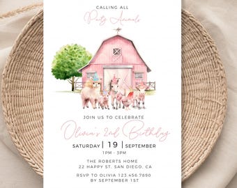 Farm Animals Girl Pink Gingham Barnyard Birthday, Girl Farm Themed 2nd Birthday Invite, Petting Zoo Party Animals Kid invitation HP029
