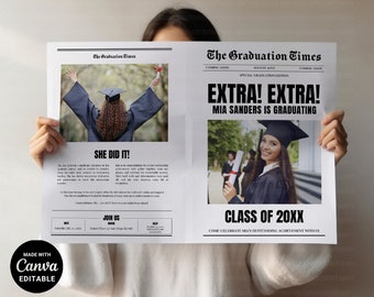 The Graduation Times Template, Editable Newspaper Graduation Announcement, Printable Newspaper Grad Invite, Instant Digital Download CANVA