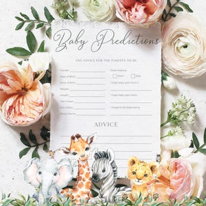 Minimalist Baby Predictions Card, Modern Predictions Advice for Parents Card Safari Animals Theme Game Templates Canva Download DIY BS003A