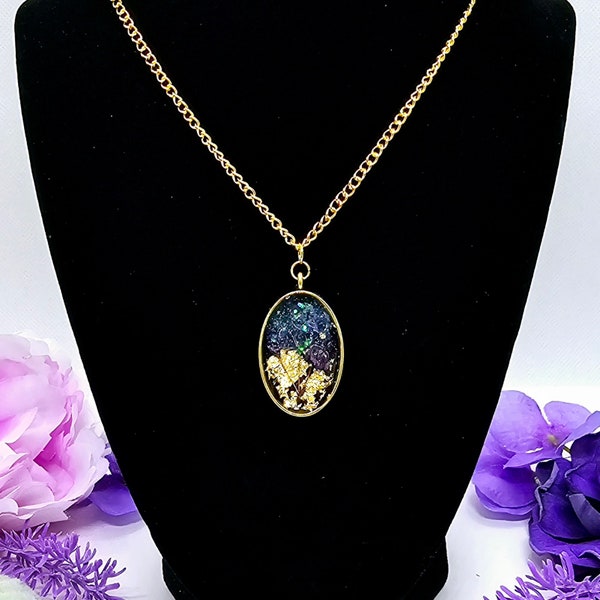 Purple Oval Floral Resin Woman's Girl's Hand Made Jewelry Spring Gold Embellished Beveled Gold Necklace Pendant