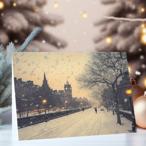 Biglietto di auguri stampabile per le strade innevate di Edimburgo, download immediato per la stampa, formato A5 e più piccolo