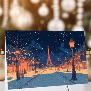 Cartão de Natal Snowy Paris, download instantâneo para impressão, tamanho A5 e menor