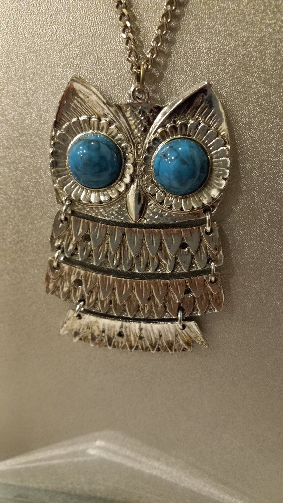 Vintage Large Blue Eye Stone Owl Necklace.
