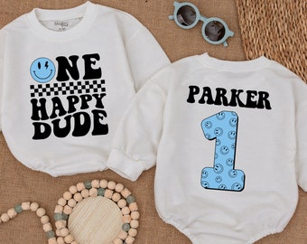 Personalized Blue One Happy Dude Romper, Matching Family Birthday, Smiley Face Birthday Outfit, First Birthday Clothes, Cake Smash Outfit