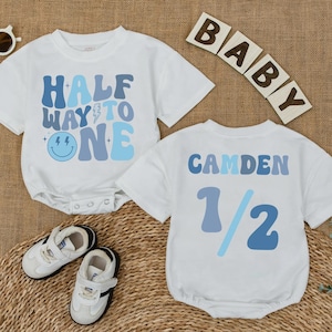 Personalized Half Way to One Baby Romper, Half Birthday Baby Boy Bodysuit, 6 Months Milestone Outfit, Custom Name Outfit for Baby Boy