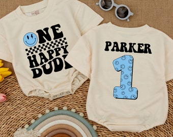 Personalized Blue One Happy Dude Romper, Matching Family Birthday, Smiley Face Birthday Outfit, First Birthday Clothes, Short Sleeve Romper