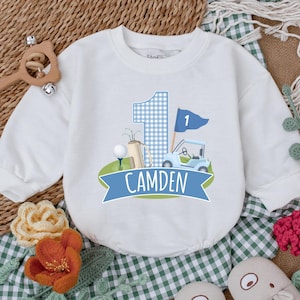 Personalized Golf Hole in One Romper, Golf Birthday Baby Bodysuit, Boys First Birthday Outfit, Baby Boy Golf Outfit, Newborn Bubble Romper