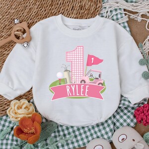 Personalized Pink Golf Hole in One Romper, Golf Birthday Baby Bodysuit, Girl First Birthday Outfit, Baby Girl Golf Outfit, Bubble Romper
