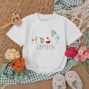 Personalized Fishing Baby Romper, Father&#39;s Day Bodysuit, Baby Boy Fishing Outfit, Fishing Coming Home Outfit, Gift for Dad