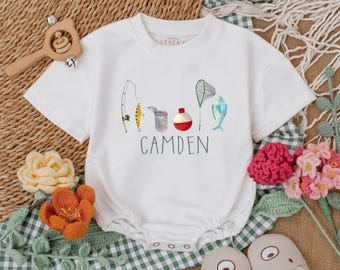Personalized Fishing Baby Romper, Father&#39;s Day Bodysuit, Baby Boy Fishing Outfit, Fishing Coming Home Outfit, Gift for Dad