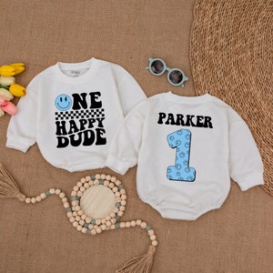 Personalized Blue One Happy Dude Romper, Matching Family Birthday, Smiley Face Birthday Outfit, First Birthday Clothes, Cake Smash Outfit