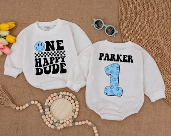Personalized Blue One Happy Dude Romper, Matching Family Birthday, Smiley Face Birthday Outfit, First Birthday Clothes, Cake Smash Outfit