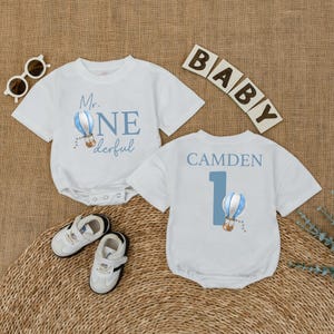 Custom Hot Air Balloon Mr Onederful Baby Romper, Birthday Boy Bodysuit, First Birthday Outfit, Newborn Bubble Romper, One Year Old Gift