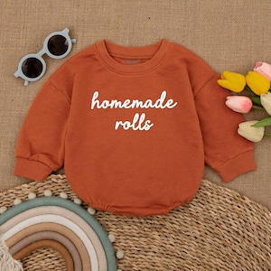 Homemade Rolls Baby Romper, My First Thanksgiving Bodysuit, Baby Thanksgiving Outfit, Thanksgiving Bubble Romper, Baby Announcement