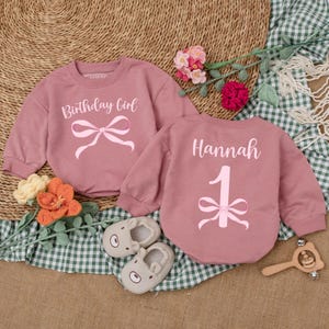 Personalized Pink Bow Birthday Girl Romper, Bow 1st Birthday Bodysuit, Baby Girl Clothes, Newborn Bubble Romper, Girl First Birthday Gift