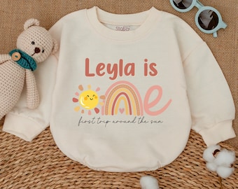 Personalized First Trip Around The Sun Romper, Boho Sun Birthday Bodysuit, Sunshine Birthday Outfit, Smash Cake Outfit, Baby Shower Gift