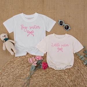 Pink Bow Big Sister Little Sister Matching Shirts, Baby Girl Bubble Romper and Toddler T-shirt, Sister Sibling Outfit for Girls