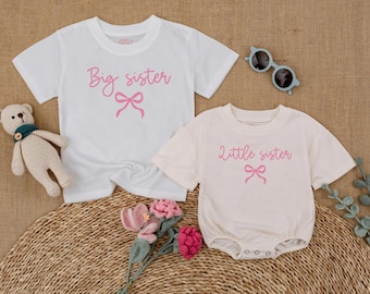 Pink Bow Big Sister Little Sister Matching Shirts, Baby Girl Bubble Romper and Toddler T-shirt, Sister Sibling Outfit for Girls