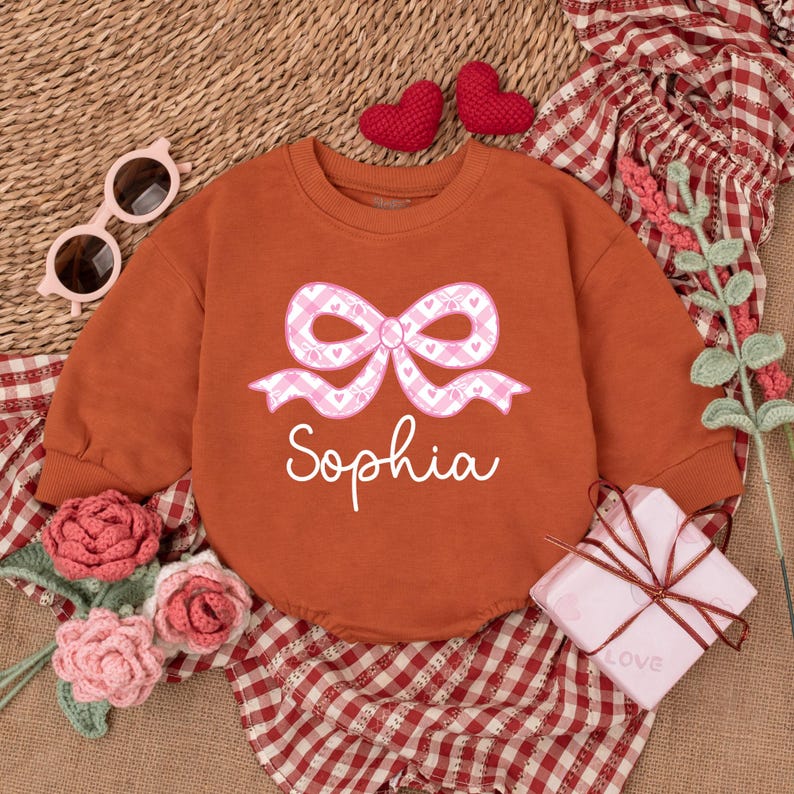 Personalized Name Baby Romper, Pink Bow 1st Valentine's Day Bodysuit ...