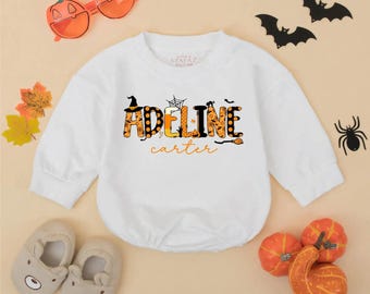 Personalized Halloween Baby Girl Romper, First Halloween Baby Bodysuit, Custom Name Ghost Outfit, Fall Baby Girl Clothes, Spooky Baby Gift