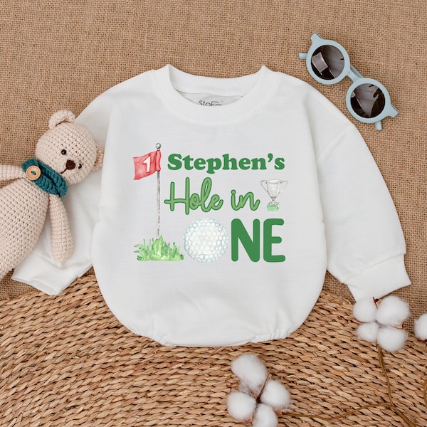 Custom Hole in One Birthday Romper, Golf Birthday Bodysuit, First Birthday Outfit, Baby Boy Golf Outfit, Bubble Romper, Cake Smash Outfit