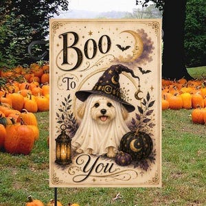 Bandiera da giardino di Halloween con cane fantasma, decorazione da giardino con cappello da strega e zucca, bandiera vintage spettrale per esterni
