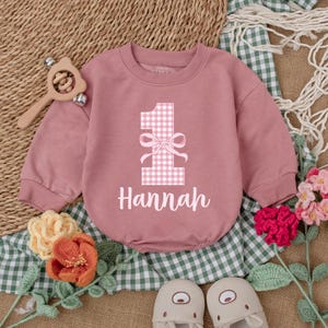 Custom Pink Bow First Birthday Romper, Pink Checkered Bow Bodysuit, Girly Birthday Party Outfit, Baby Girl Romper, Girl First Birthday Gift