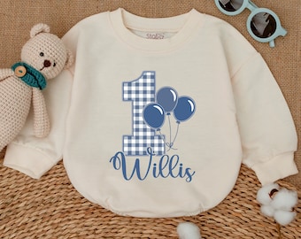 Personalized Balloon Bunch Birthday Romper, Blue Gingham Balloon Birthday Bodysuit, Smash Cake Outfit, Baby Boy Clothes, One Year Old Gift