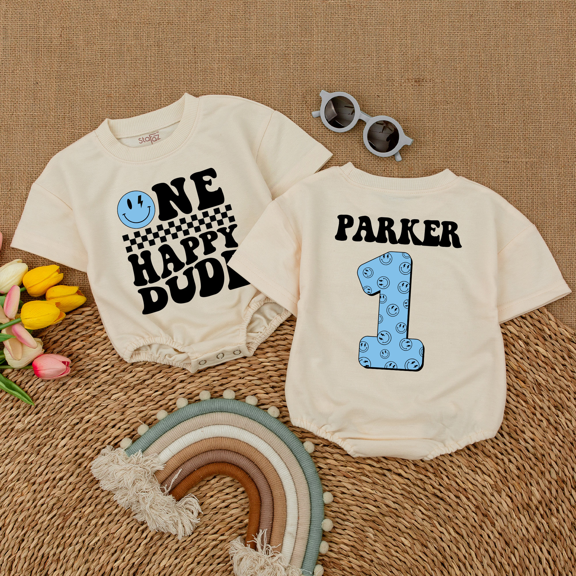 Personalized Blue One Happy Dude Romper, Matching Family Birthday, Smiley Face Birthday Outfit, First Birthday Clothes, Short Sleeve Romper