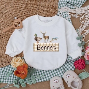 Personalized Name Mallard Duck Hunting Romper, Boy Ducking Hunter Baby Romper, Hunting Duck Baby Bodysuit, Duck Deer Fish, Baby Shower Gift