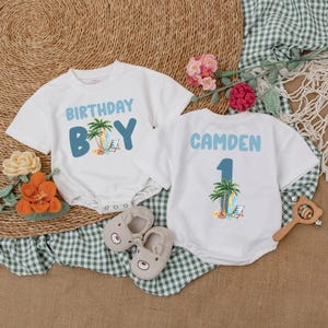 Personalized Beach Birthday Boy Baby Romper, Surf First Birthday Bodysuit, Surf Beach Theme Party, Cake Smash Outfit for Baby Boy