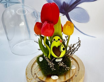 Handmade Tulip Flower Scene in Glass Cloche