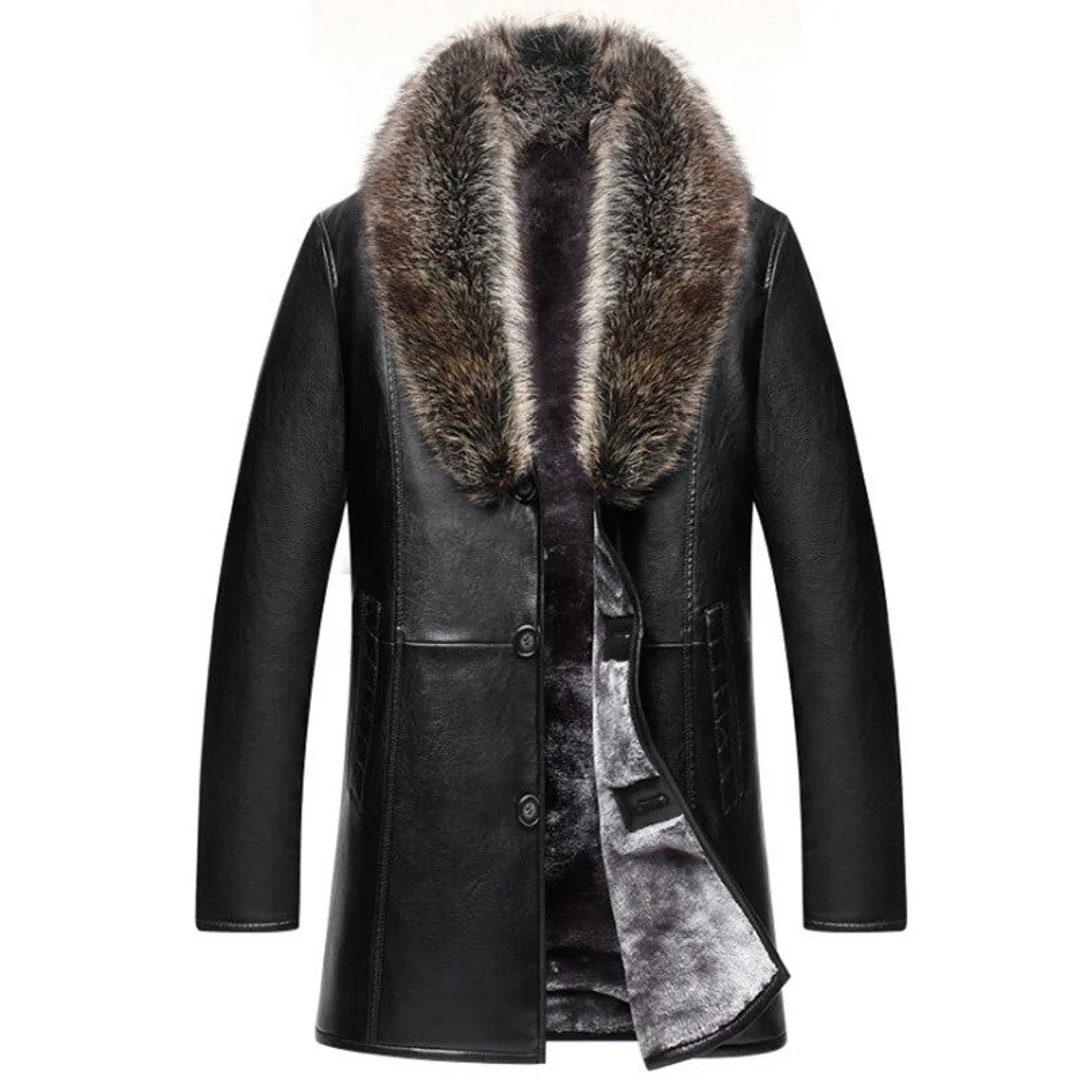 Genuine Leather Long Jackets for Men in Black Color With Fur - Etsy