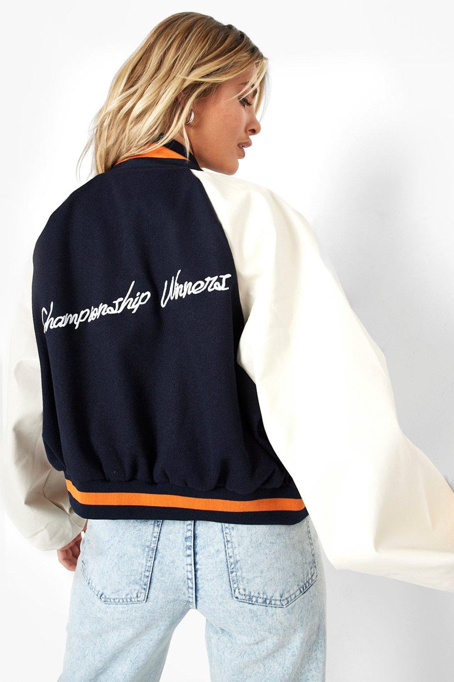 Womens Varsity Jacket With Leather Sleeves Navy Blue Color Wool Made