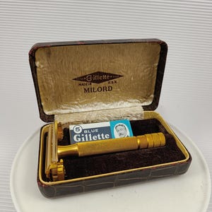 Rasoir de sûreté Gillette Milord vintage, couleur or, très bon état