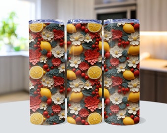 3D Strawberry and Lemons Seamless Pattern 20 oz Skinny Tumbler Wrap Sublimation Design Digital Download PNG