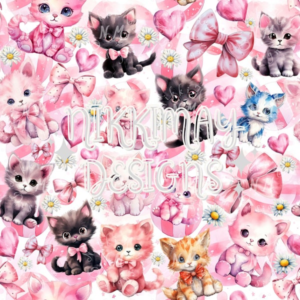 Pink Cute Girly Kittens and Daisies Seamless Pattern for Fabric Sublimation, Nursery Pattern, Repeating Digital Design, Commercial Use
