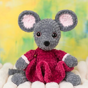 Crochet Grey Mouse Toy: Handmade Amigurumi Doll with Wine-Red Dress