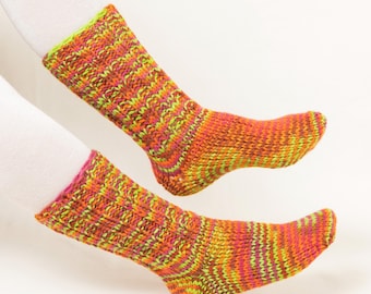 Women's Colorful Wool Socks: Hand-knitted  Orange-Green Socks