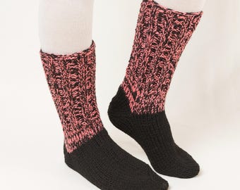 Hand-knitted Pink and Black Women's Socks: Soft Mixed Wool-Acrylic Yarn